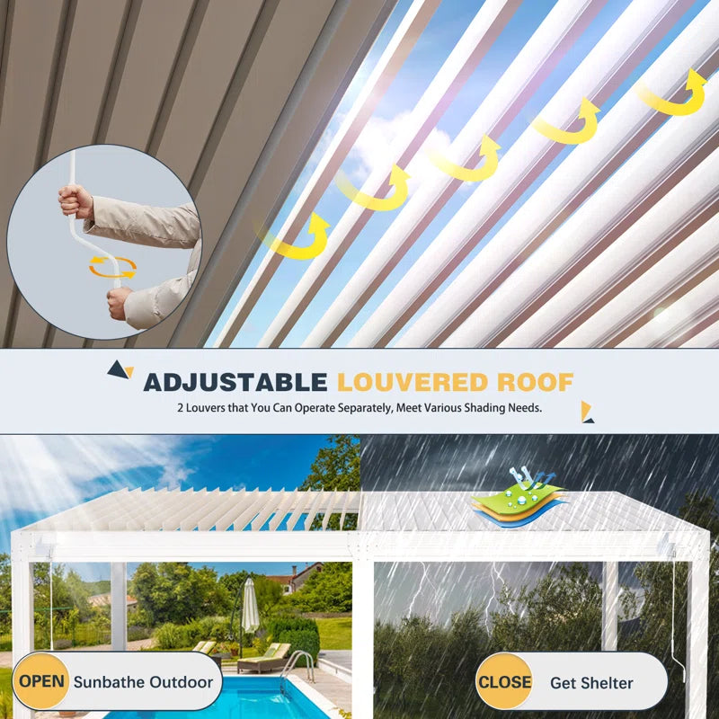 Louvered Pergola with Panel Pull-Down Screen, Outdoor Aluminum Pergola with Adjustable Rainproof Roof for Hot Tub and Patio Deck Backyard