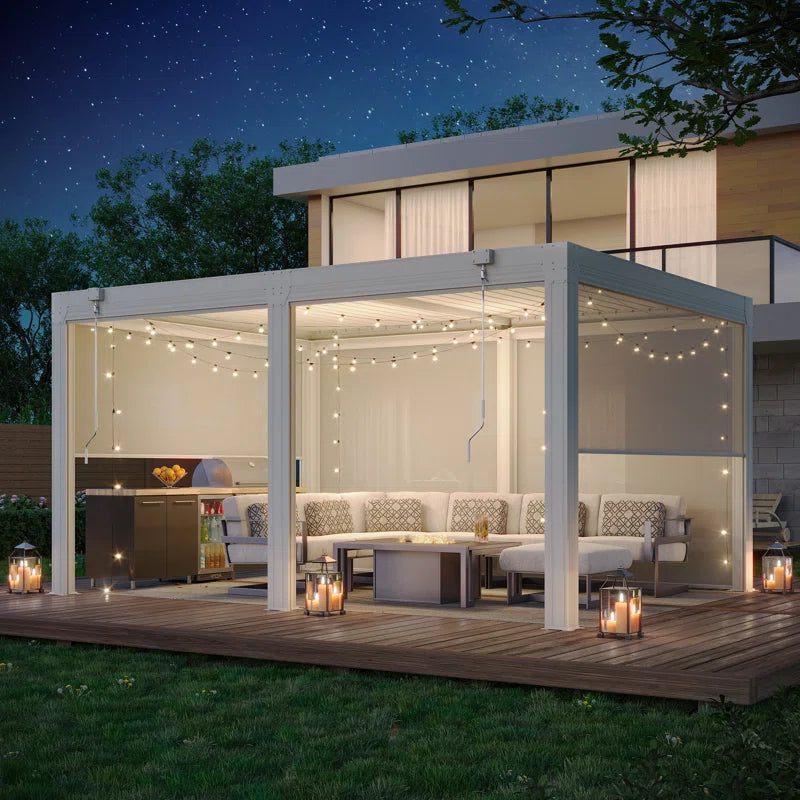 Louvered Pergola with Panel Pull-Down Screen, Outdoor Aluminum Pergola with Adjustable Rainproof Roof for Hot Tub and Patio Deck Backyard