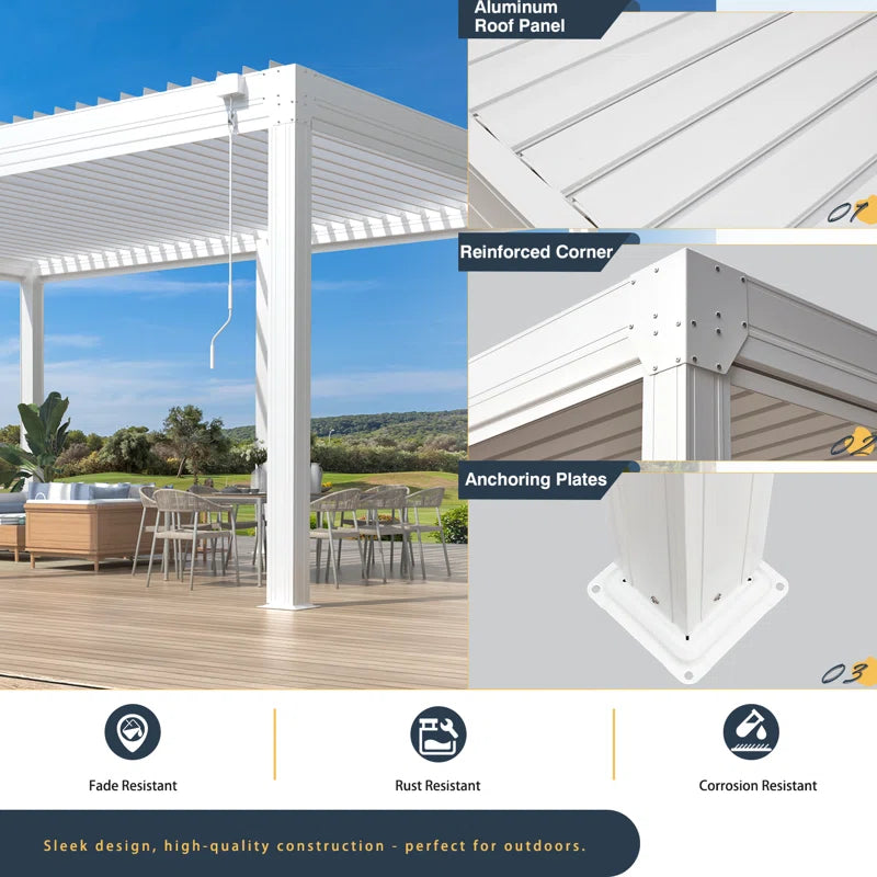 Louvered Pergola with Panel Pull-Down Screen, Outdoor Aluminum Pergola with Adjustable Rainproof Roof for Hot Tub and Patio Deck Backyard