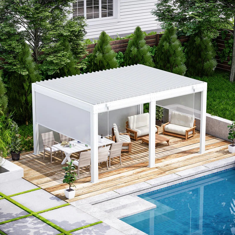 Louvered Pergola with Panel Pull-Down Screen, Outdoor Aluminum Pergola with Adjustable Rainproof Roof for Hot Tub and Patio Deck Backyard