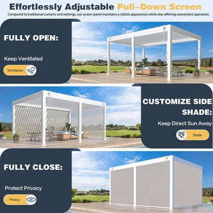 Louvered Pergola with Panel Pull-Down Screen, Outdoor Aluminum Pergola with Adjustable Rainproof Roof for Hot Tub and Patio Deck Backyard