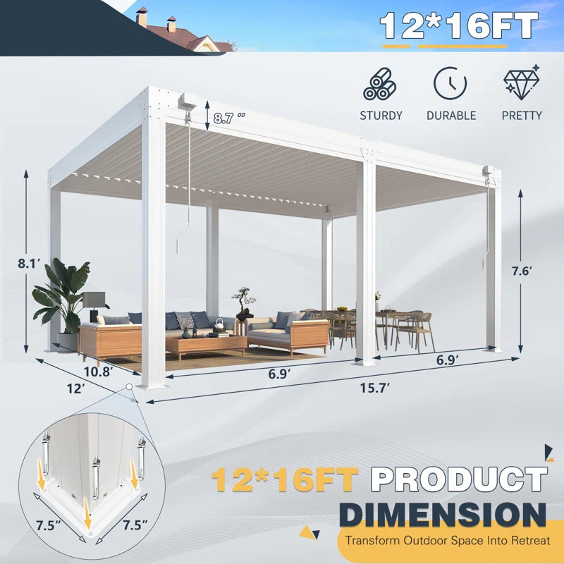 Louvered Pergola with Panel Pull-Down Screen, Outdoor Aluminum Pergola with Adjustable Rainproof Roof for Hot Tub and Patio Deck Backyard
